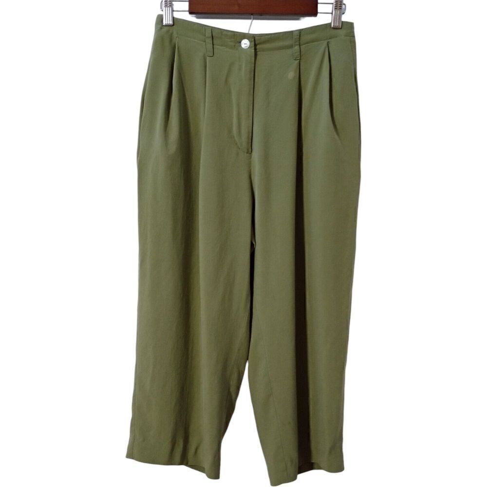 Silk House High Waist Capri Pants Size M 100% Silk Olive Green Safari Womens